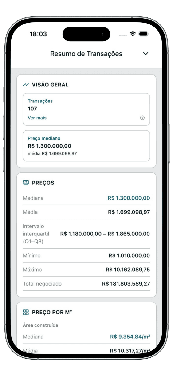 Tela de resumo de transações do aplicativo IBVI